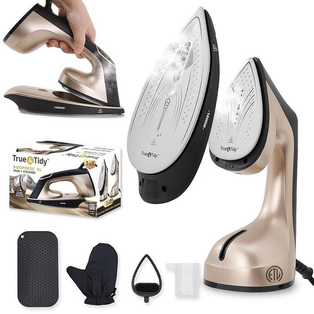 True & Tidy DuoPress XL 2-in-1 Clothes Steamer & Iron, 1600W Powerful Turbo Steam, Large Ceramic Plate, Smart Temperature Control, 3 Steam Modes, Portable Handheld Wrinkle Remover for All Fabrics