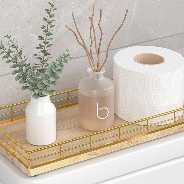 Toilet Paper Basket Organizer – Oak Wood Toilet Tank Tray with Metal Frame, Back of Tank or Top Bathroom Counter Storage – Gold & Oak Modern Decor