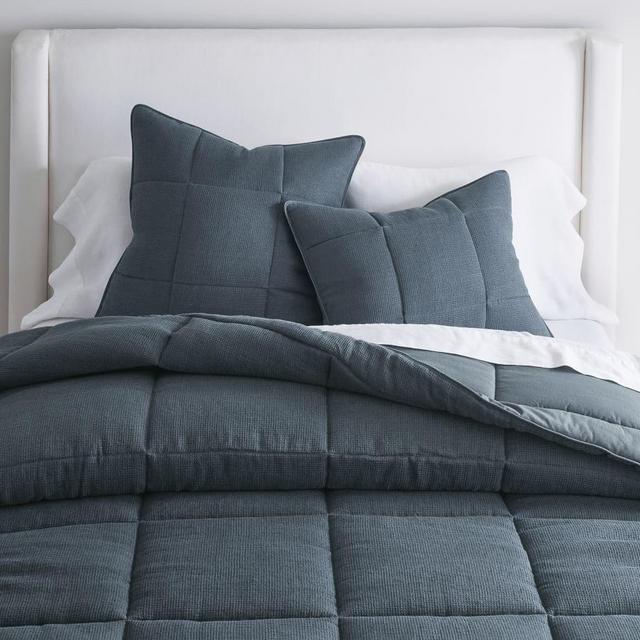 Steel Blue Belgian Flax Linen Waffle Comforter, Full/Queen