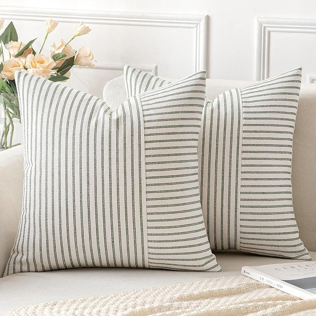 MIULEE Olive Green and Beige Patchwork Farmhouse Pillow Covers 20x20 Inch, Pack of 2 Striped Linen Spring Decorative Modern Accent Pillow Cases for Sofa Couch Bedroom