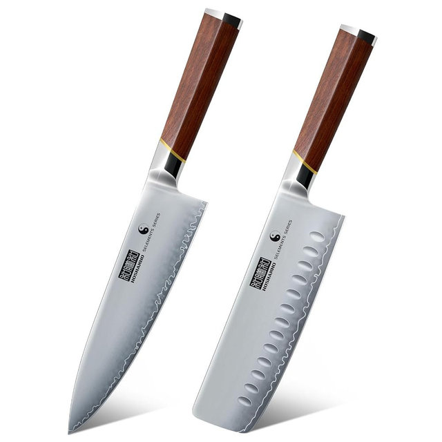 HOSHANHO 8 Inch Chef Knife & 7 Inch Nakiri Knife, Multipurpose Meat Vegetable Sharp Kitchen Knife with Ergonomic Red Sandal WoodHandle