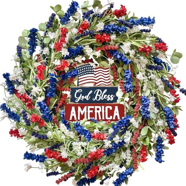 Bibelot 4th of July Independence Day Red White Blue Flower Wreath, 20’’Artificial Flower Wreath with God Bless America Sign Decoration for Front Door, Memorial Day Wreath for Wall Window Party Decor