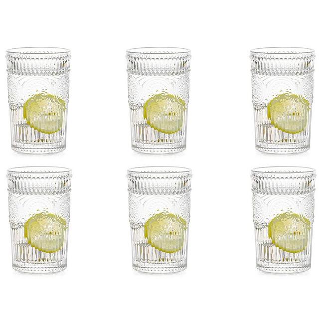 Cup Sets for Kitchen Vintage 12.9OZ, Embossed Drinking Glasses Set of 6, Clear Glassware Set Thickened for Kitchen, Bar, Juice, Beverages, Beer, Cocktail