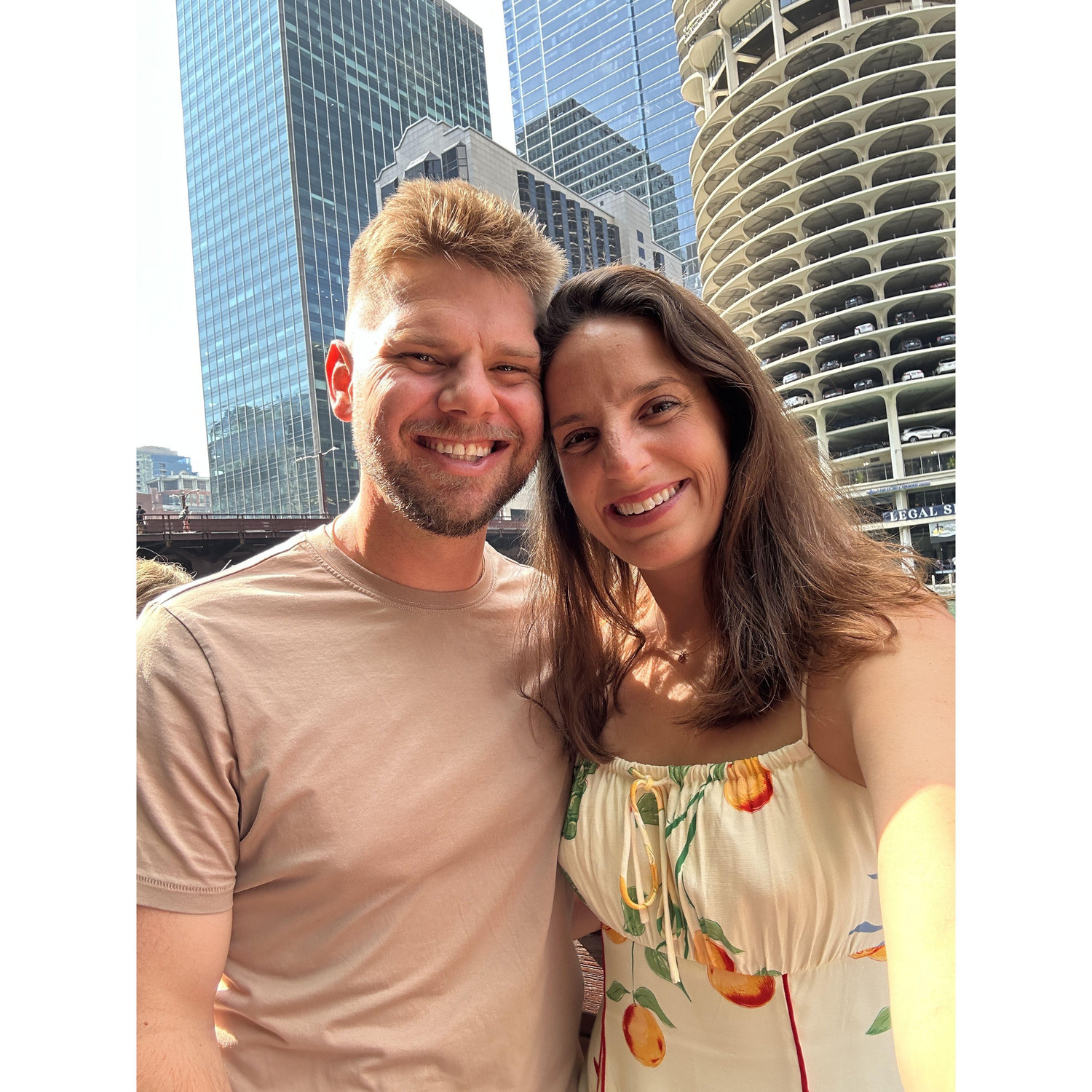 Chicago by the river w/ a bottle of rose