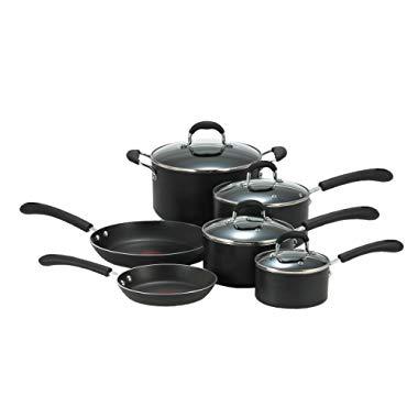 T-fal E938SA Professional Total Nonstick Oven Safe Thermo-Spot Heat Indicator 10-Piece Dishwasher Safe Cookware Set, Black