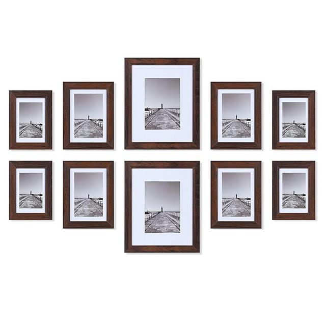 Picture Frames Brown Set of 10,Bulk Frames for 8x10, 5x7, 4x6, Real Glass for Wall or Tabletop