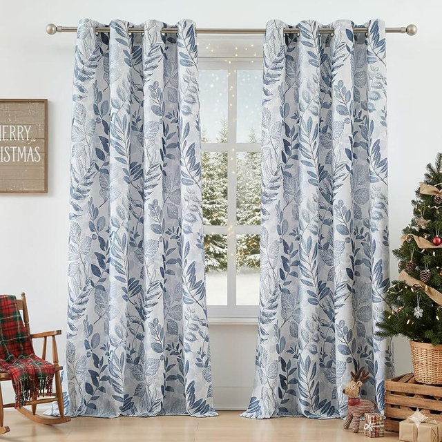 Ronaldecor Blue Botanical Curtains for Living Room 95 inch Length Leaf Print Sheer Curtains Natural Texture Soft Touch Light Filtering Privacy Protect Drapes, 55" Wide, Set of 2 Panels