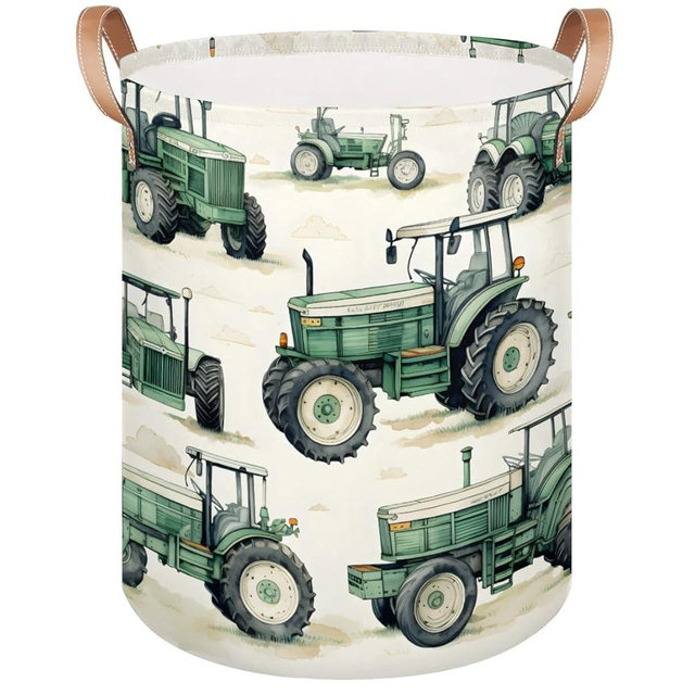 Gumuslen Tractor Truck Laundry Basket Collapsible Dirty Clothes Vintage Greem Laundry Hamper Canvas Waterproof Storage Baskets Baby Toys Organizer Bin Kids Nursery Hamper for Bathroom Bedroom