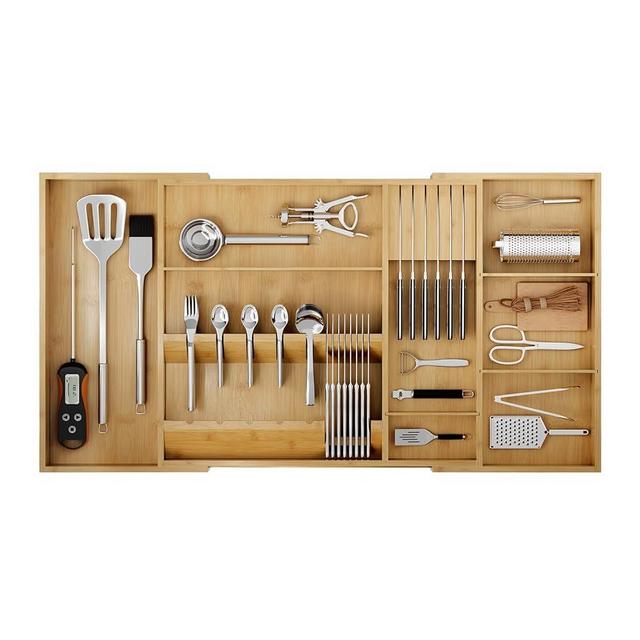Landmok Bamboo Silverware Drawer Organizer, 17.7-29.5 Inch Expandable Large Kitchen Drawer Organizer, 5-8 Slot Flatware with Removable Card Slots & Knife Block for Spoon Butter Knive, Natural