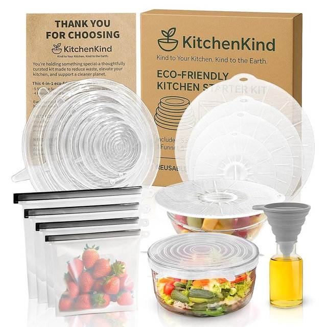KitchenKind Premium Eco-Friendly Kitchen Starter Kit – 16-Piece Silicone Food Storage Set | Includes Suction & Stretch Lids, Reusable Stand-Up Storage Bags & Collapsible Funnel | Zero-Waste, BPA-Free