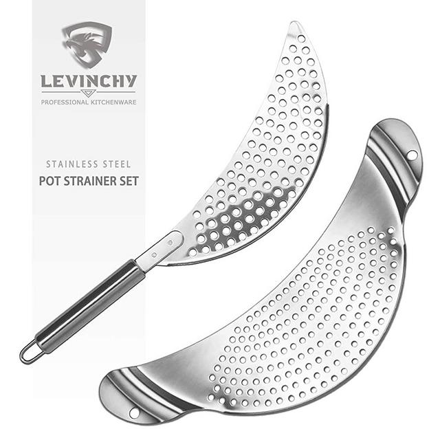 LEVINCHY 2 Pieces Pot Strainer Set Stainless Steel Strainers Set , Easy Draining Durable Dishwasher Safe, Work for All Cooking Kitchenware, Noodles Pasta Fruit Veggies Food Strainers