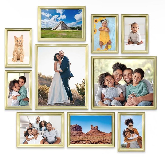 Giftgarden 16 Pack Gold Picture Frames for Multi Sizes Photos, Assorted Set Including Two 11x14, Two 8x10, Six 5x7, Six 4x6, Gallery Collage Frame for Wall or Tabletop Display