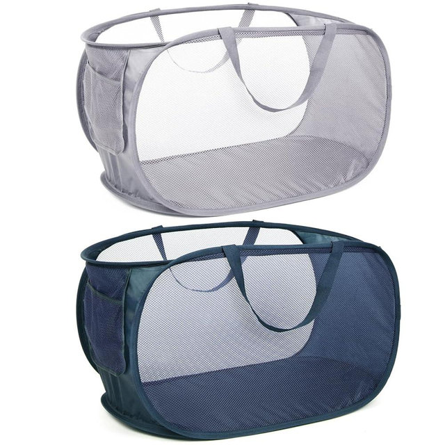 2 Pack Collapsible Laundry Baskets with Handy Pocket, Durable Pop Up Hamper Reinforced Foldable Laundry Basket Grey+Navy