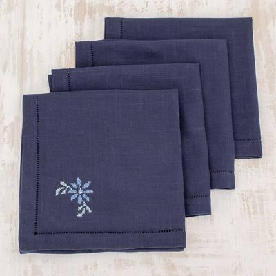 Floral Cotton Napkins in Midnight (Set of 4) from Guatemala, "Flowers of Old in Midnight"