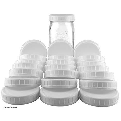Two Dozen Wide Mouth Plastic Mason Jar Lids (24-Pack Bundle); 2 Dozen Unlined White Ribbed Lids, 86-450 Size