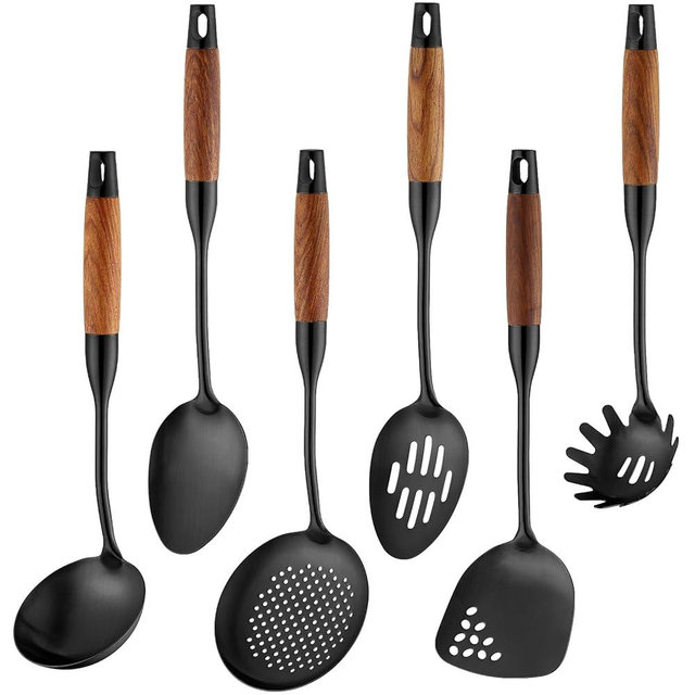 Stainless Steel Kitchen Utensils Set with Wood Handle, 18/10 Metal Cooking Utensils Set, 6-Piece - Spatula, Spoon, Ladle, Skimmer, Slotted Spoon, Pasta