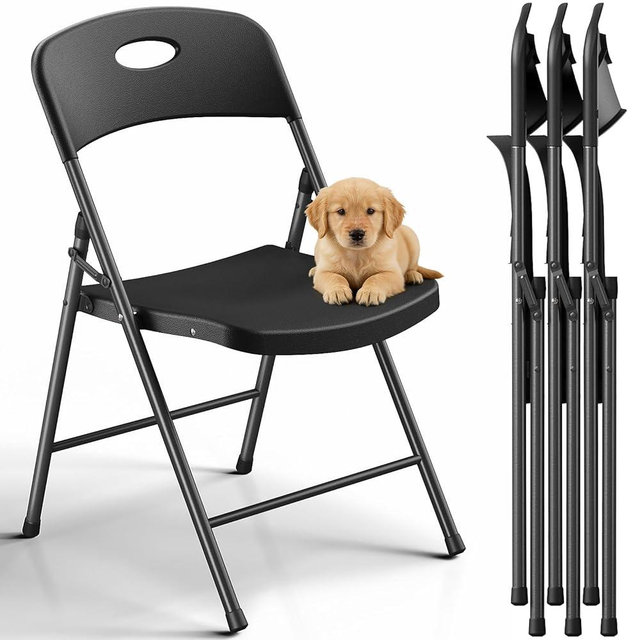 MAKE CHANGES Folding Chair 4 Pack, Outdoor Sturdy Metal Plastic Folding Chairs for Outside Indoor, Portable 350 lbs Capacity Heavy Duty Foldable Commercial Seating for Picnic, Party, Patio, Black