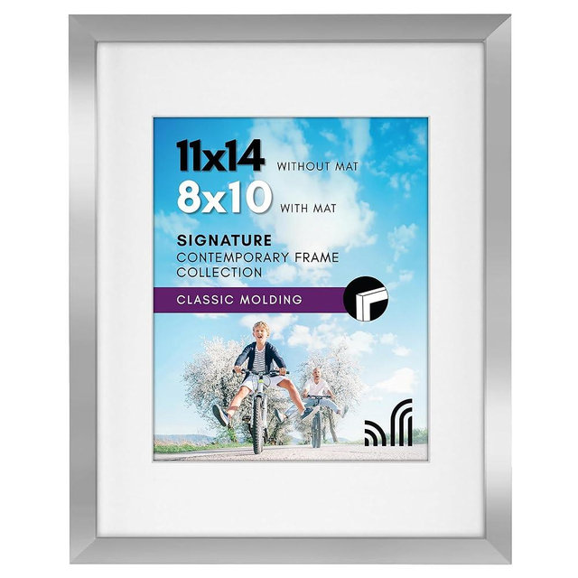 Americanflat 11x14 Picture Frame with Shatter-Resistant Glass - Use as 8x10 Frame with Mat or Display 11x14 Photo Without Mat - Signature Collection - Picture Frames for Wall Display - Silver