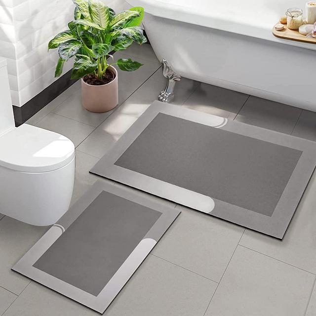 Kmson 2 Piece Bath Mat Set Bathroom Rugs, Napa Skin Non Slip Ultra Soft and Super Absorbent Diatomite Bathroom Rugs, Dirt Barrier Quick Dry Floor Door Mat Kitchen Rug Grey