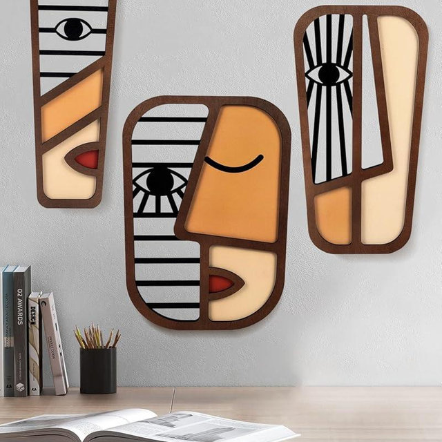 LIFVEAN Abstract Wood Picasso Wall Art Decor - Vintage African Art Tribal Wall Art - Modern Minimalism Mask Home Wall Decor - for Bedroom Bathroom Living Room (3 Piece)