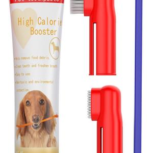Dog Toothpaste and Toothbrush Set [REMOVES FOOD DEBRIS] Double Sided with Long Curved Handle [SUPER EASY CLEANING] - Best Soft Silicone Pet Toothbrush for Cats And Dogs [EXPANDABLE FINGER ENTRY] - Sma