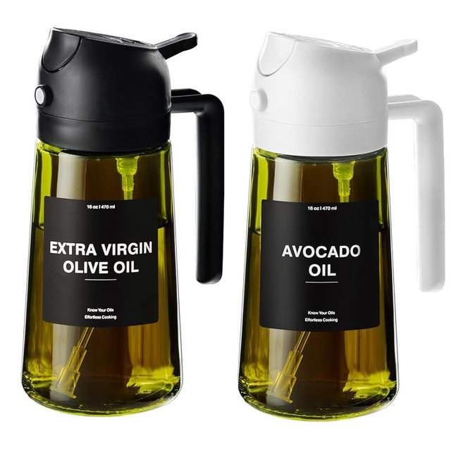 CXINYI - 16oz/470ml Olive Oil Dispenser for Kitchen with Stickers - 2 in 1 Olive Oil Sprayer for Cooking, Air Fryer, and Salad, Black&White (Light-Proof Kitchen Gadget)