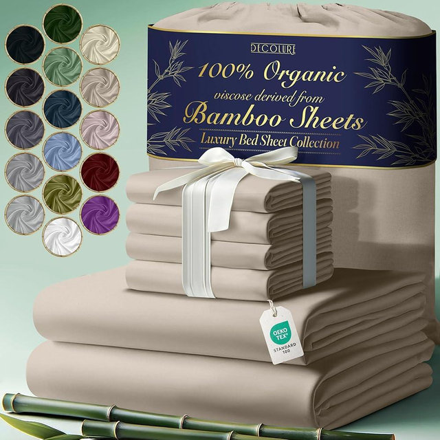 DECOLURE 100% Organic Viscose Derived from Bamboo Sheets Queen Size 6pcs - Ultra Soft & Luxuriously Cooling, 17" Deep Pocket, Double Stitching, Perfect for Hot Sleepers - Queen Bed Sheets (Taupe)