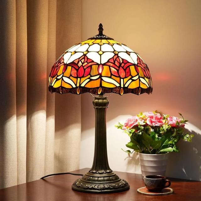 Blivuself Red Tulip Tiffany Style Stained Glass Table Lamp Bed Room Bedside Reading Desk Light for Living Office Dormitory Bar Retro Unique Cute Accent Decor Cottage 12" Village Gift Nightstand Lamps