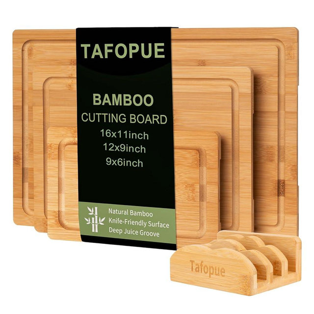 Tafopue Bamboo Cutting Board Set of 3 with Stand, Wooden Chopping Boards for Kitchen, Reversible Butcher Block with Juice Groove & Handle, Charcuterie Boards for Meat, Vegetables, Fruit, Cheese