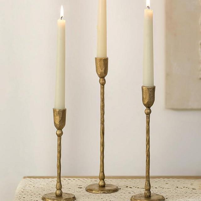 NUPTIO Iron Taper Candle Holders: Antique Brass Candlestick Holder for Thanksgiving Christmas Party - Set of 3 Tall Gold Candles Stick Decor for Fireplace Table Centerpiece