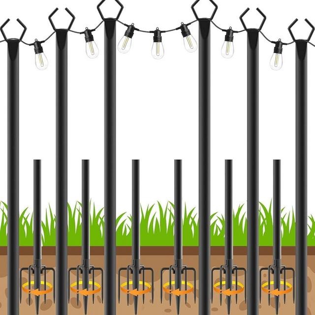 6 Pack String Light Poles, Outdoor String Light Pole 10 ft Forked Metal Light Pole with Adjustable Outdoor Light Stand, Deck, Backyard, Garden, Wedding, Rustproof and Sturdy with Hooks