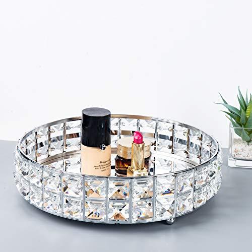 Feyarl Mirrored Crystal Vanity Makeup Tray Ornate Jewelry Trinket Tray Organizer Sparkly Bling Cosmetic Perfume Bottle Tray Decorative Tray Home Deco Dresser Skin Care Tray Storage (Silver)
