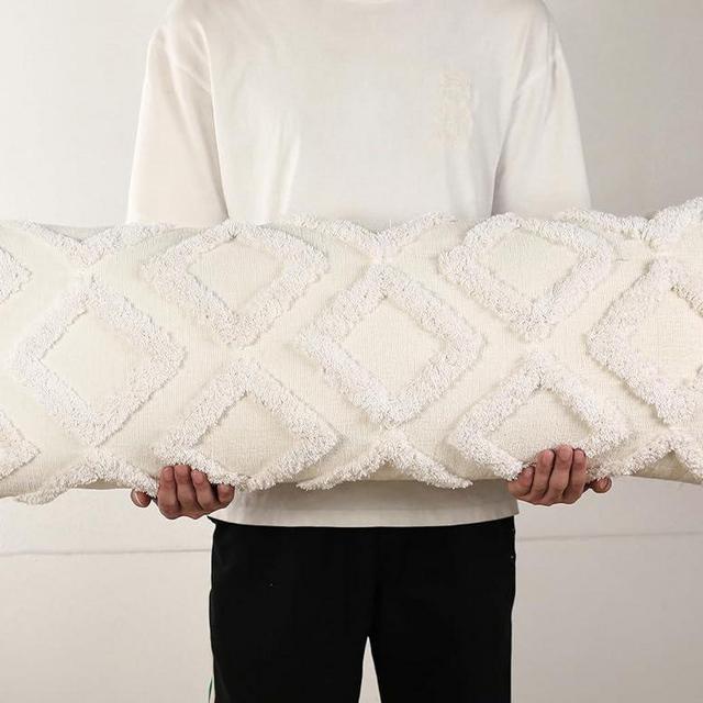 PANOD Decorative Long Lumbar Pillow Cover 14x36 Boho,Super Soft Chenille Extra Long Lumbar Pillow Case Cover with Tassel for Bed Sofa Couch Farmhouse Livingroom,White,Modern Skinny