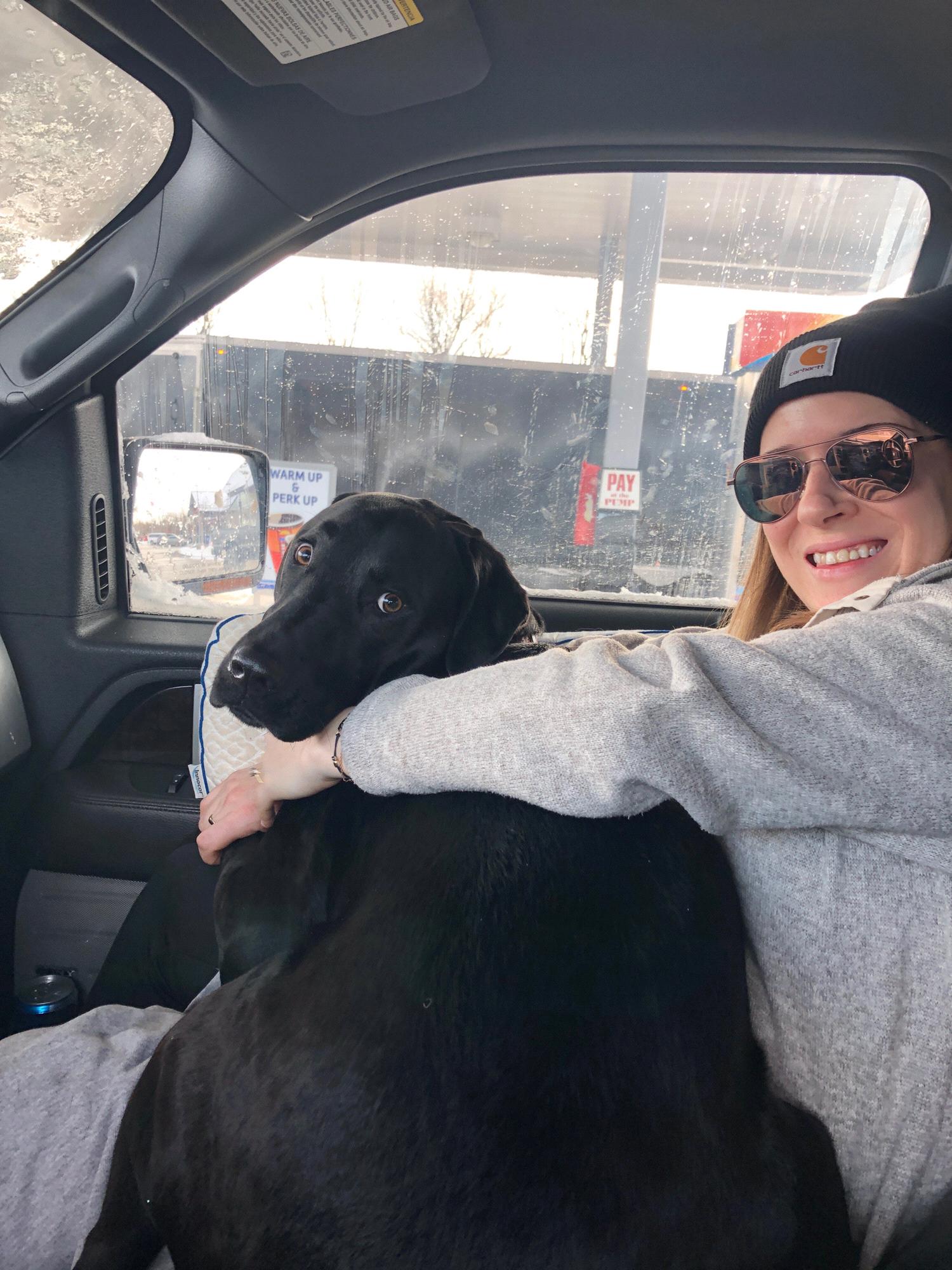 Lucy obviously wanted to ride shotgun... traveling back from visiting Eric Sir and Maureen in Jan 2019