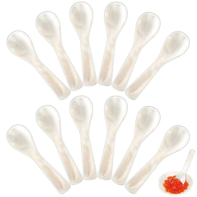 Caviar Spoons Mother of Pearl Mop Spoons with Hand Craft W Round Handle for Caviar, Egg, Ice Cream, Salt, Coffee Serving, Restaurant Serving Set(12 Pieces,3.55 Inch)