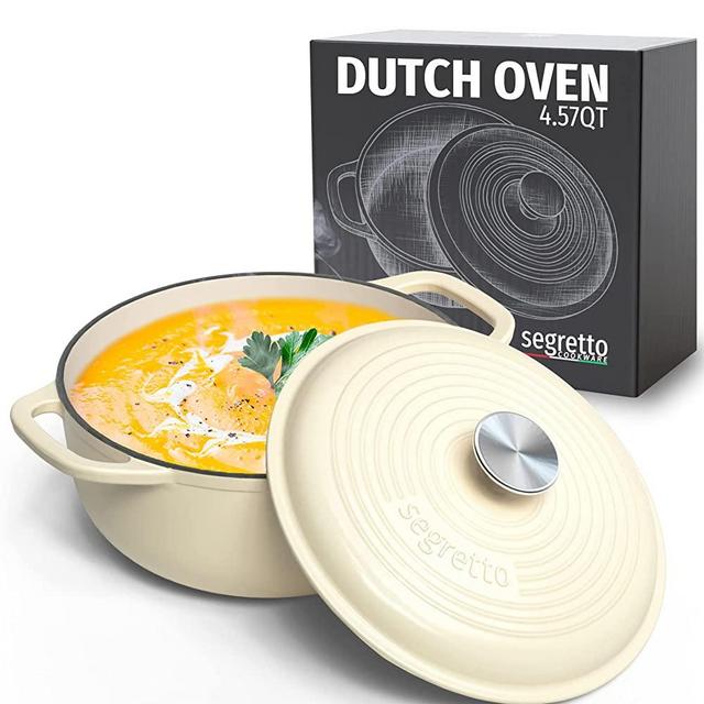 Segretto Cookware Enameled Cast Iron Dutch Oven Pot with Lid 4.57 Quarts, Bianco Perla (Off-White) White Enamel Dutch Oven Cast Iron with Handle Ceramic Cooking Pot for Bread Baking, Basting, Cooking