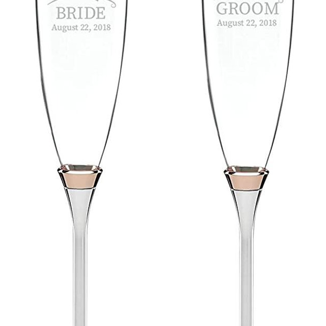 Kate Spade Rosy Glow Personalized Wedding Champagne Flutes, Set of 2 Custom Engraved Champagne Glasses for Bride and Groom