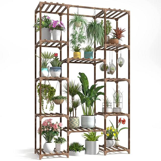 CFMOUR Wood Plant Stand Indoor Outdoor, 62.2" Tall Flower Shelf Tiered Plant Stands for Multiple Plants Large Planter Holder Hanging Shelves Rack for Living Room Garden Balcony