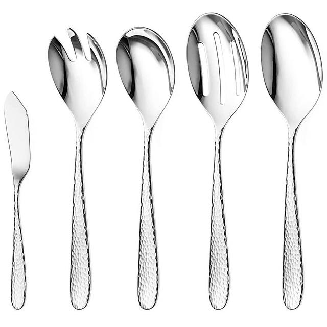 DANIALLI 10 Piece Hostess Serving Utensil Set, 18 10 Stainless Steel Serving Set, Slotted Serving Spoon, Serving Spoon, Salad Serving Spoon/Fork and Butter Knife, Fidenza Hammered Set, Dishwasher Safe