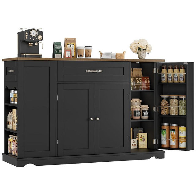 HOSTACK Kitchen Island Cart with Storage, 47'' Kitchen Storage Island on Wheels with 2 Drawers, Rolling Island Table with Adjustable Shelves, Mobile Buffet Sideboard Cabinet for Dining Room, Black