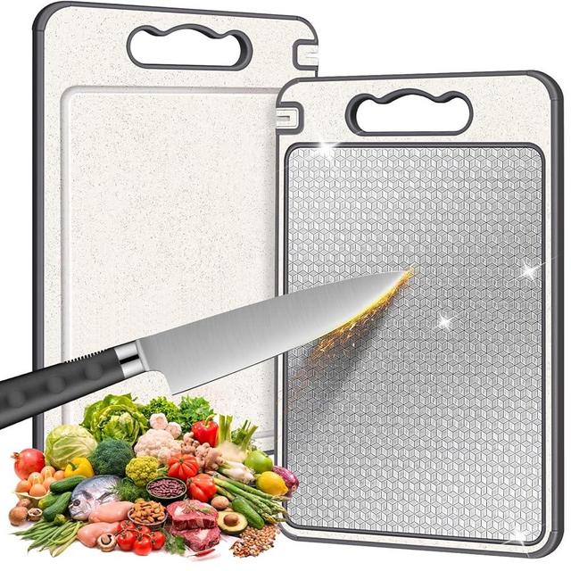 Stainless Steel Cutting Board, Double Sided Chopping Board for Kitchen, Non Toxic Non Slip Cutting Board, Scratch Resistant Mesh Design, Juice Groove, 304 Stainless Steel and Wheat Straw PP,Food-Grade