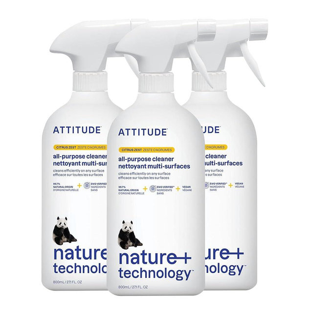 ATTITUDE All Purpose Cleaner Spray, EWG Verified, Vegan, Made with 94% Plant-Based Ingredients, Streak-Free for Kitchen, Bathroom, Glass & More, Citrus Zest, 27.1 Fl Oz (Pack of 3)