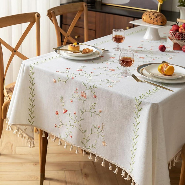 TEWENE Water Resistant Table Cloth for Rectangle Table, Cotton Linen Wrinkle Free Tablecloth with Boho Embroidery Tassel, Farmhouse for Dining & Kitchen (55''x120''/10-12 Seat/Green Rose)