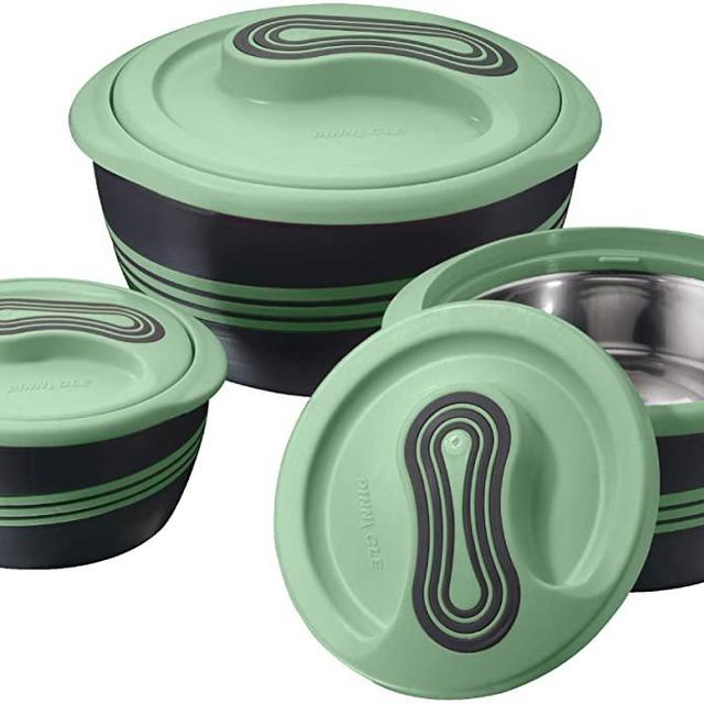 Pinnacle Insulated Casserole Dish with Lid 3 pc Set 2.6/1.5/1 qt. Hot Pot Food Warmer/Cooler –Thermal Soup/Salad Serving Bowl- Stainless Steel Hot Food Container–Best Gift Set for Moms –Holidays Green
