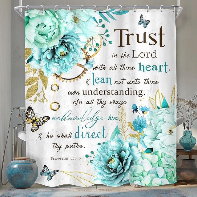 MESHELLY Teal Shower Curtain 60Wx72H Flower Christian Shower Curtain Farmhouse Bible Verse Rustic Blue Floral Shower Curtain Women Inspiration Quote Scriptures Bathroom Decor Fabric with 12 Hooks