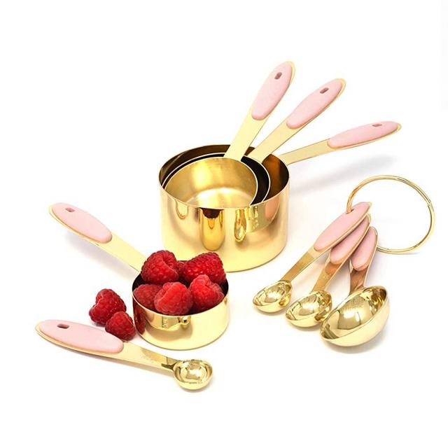 Gold & Pink Measuring Cups and Spoons Set Stainless Steel, Pink Kitchen Accessories,Sturdy 8PC Gold Measuring Cups and Spoons Set with Pink Silicone Handle,Pink Kitchen Decor - Cute Measuring Cups Set