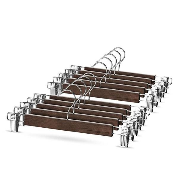 High-Grade Wooden Pants Hangers with Metal Clips 10 Pack Grip Clip Pants Hanger, Smooth Finish Solid Wood Jeans/Skirt Hanger, 360° Swivel Hook - Clip Hanger for Pant, Skirts, Slacks, Bottoms Hangers