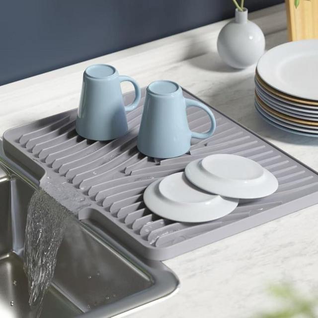 Dish Drying Mat for Kitchen Counter, Dish Drying Pad, Non-Slip Drain Pad with Built-in Drain, Heat Resistant Stone Drying Mat(15.8" x 13", Grey)