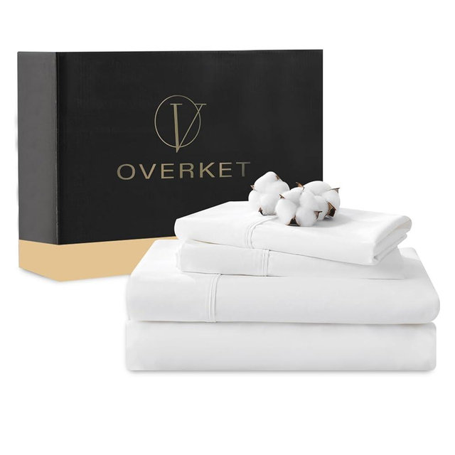 Overket 1000 Thread Count Egyptian Cotton Sheets Queen Size Set 4PCS Sateen Weave Soft Breathable 16-Inch Deep Pocket（Queen,White）