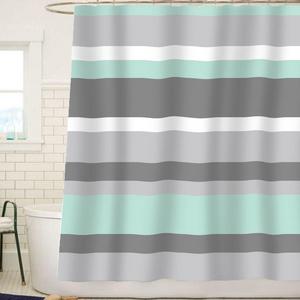 Sunlit Aqua Blue Gray Horizontal Stripes Water-Repellent Fabric Shower Curtain Set with Reinforced Metal Grommets and Rings Refreshing Striped Design Bathroom Decor